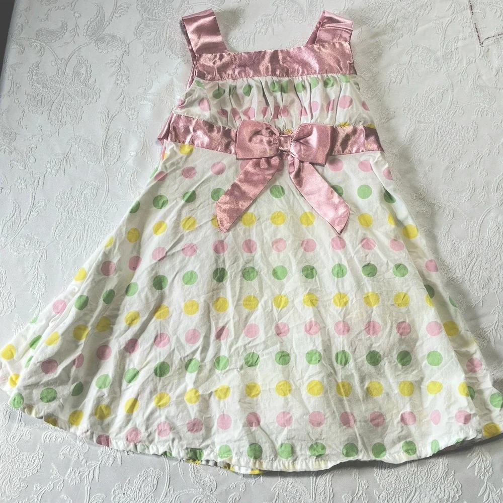 Kidgets Girls Infant Toddler 3T Summer Dress White Polka Dot Sundress‎ Silk Bow